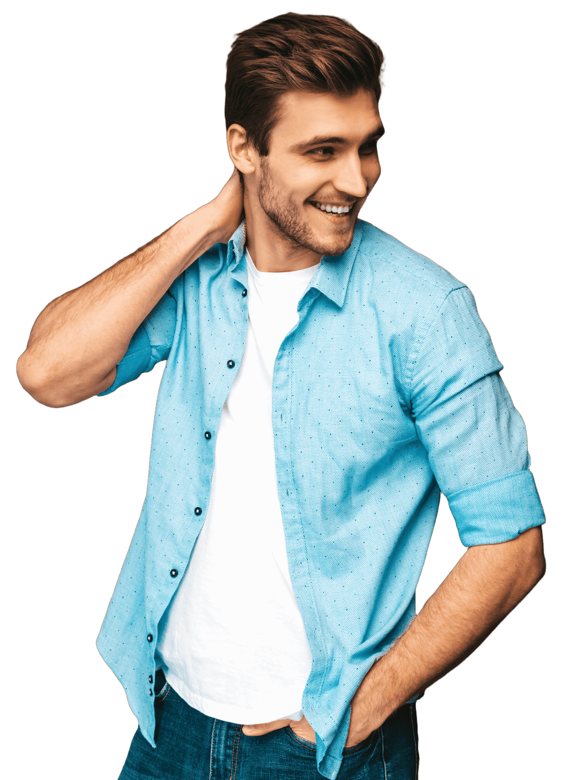 Smiling man in a blue shirt posing confidently against a black background