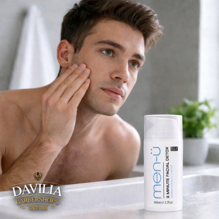 Man applying skincare with 3 Minute Facial Dtox 100ml in bathroom