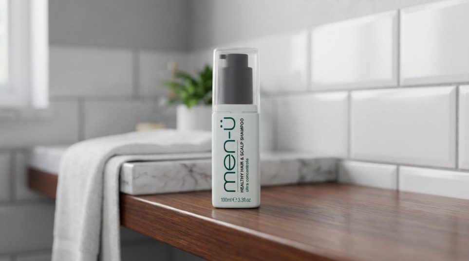 Healthy Hair and Scalp Shampoo 100ml bottle on natural bathroom background with aloe vera and haircare essentials