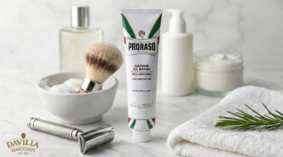 Sensitive Shave Cream Tube 150ml displayed with shaving brush, razor, and grooming tools on a clean marble surface