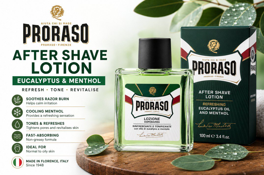 Refresh Aftershave Lotion 100ml displayed beside men’s grooming essentials in a Perth barbershop setting