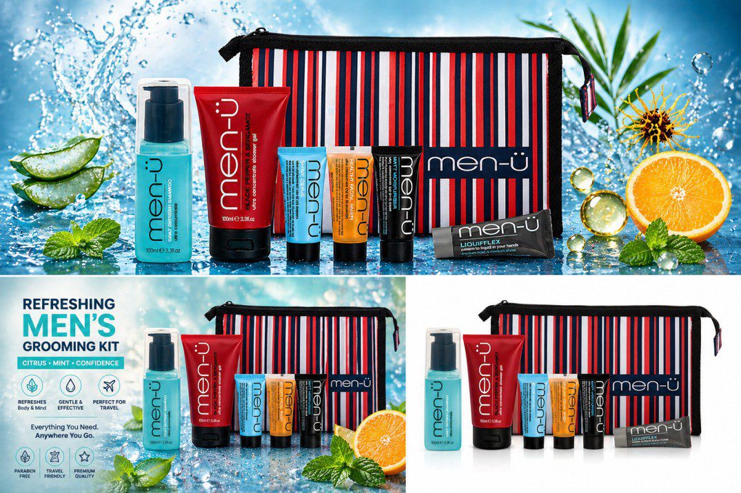 Ultimate Travel Kit setup for men with skincare, hair, and hygiene essentials
